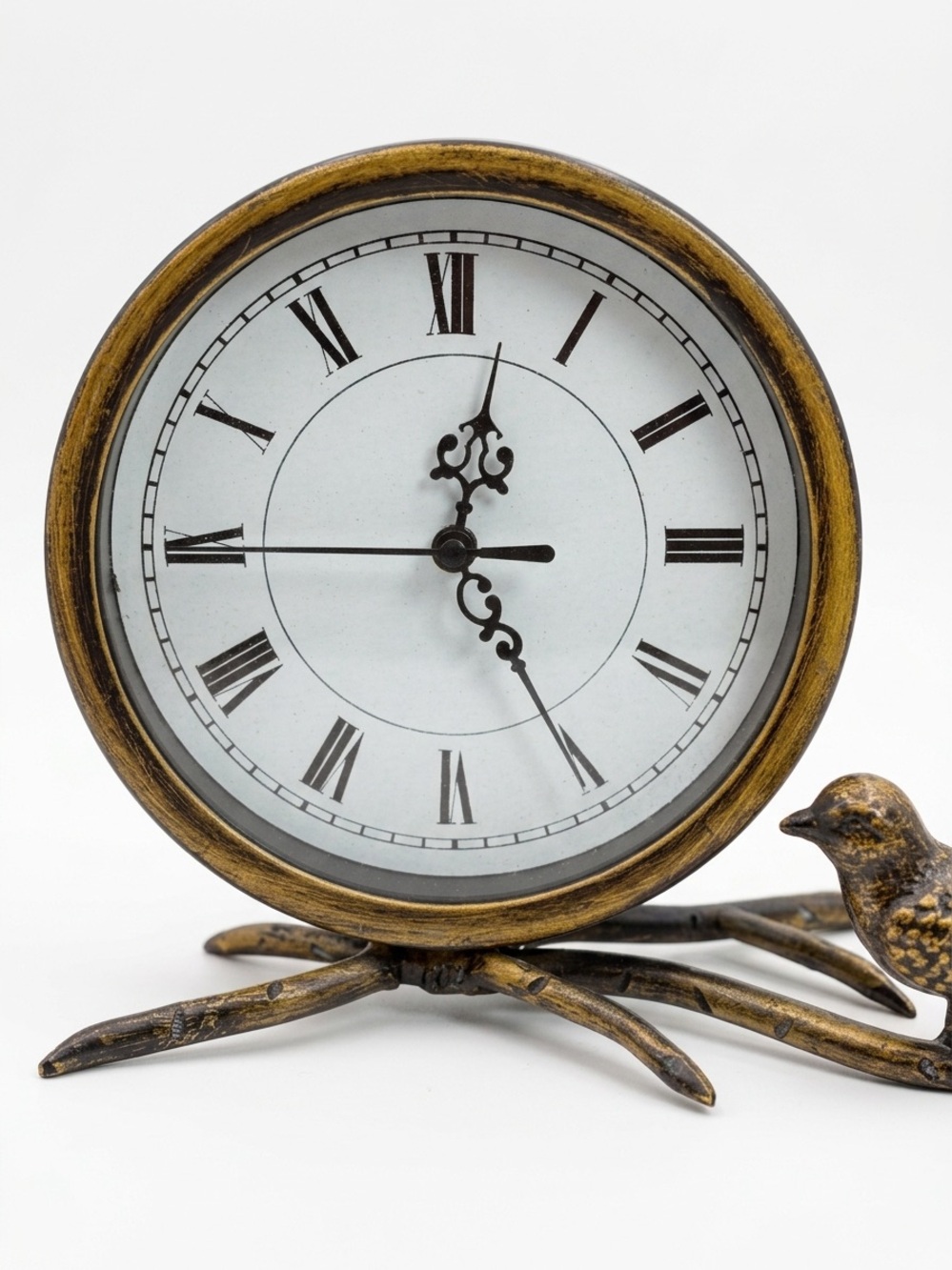 Rustic Bronze Finish Bird on Branch Analog Table Clock Decorative Home Decor